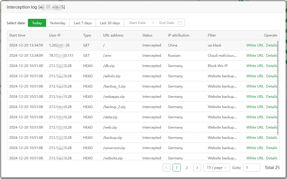 aapanel waf korumanın tuttuğu loglar